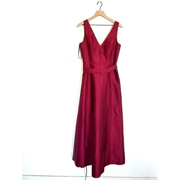 Alfred Sung V-Neck Belted Evening Gown Burgundy